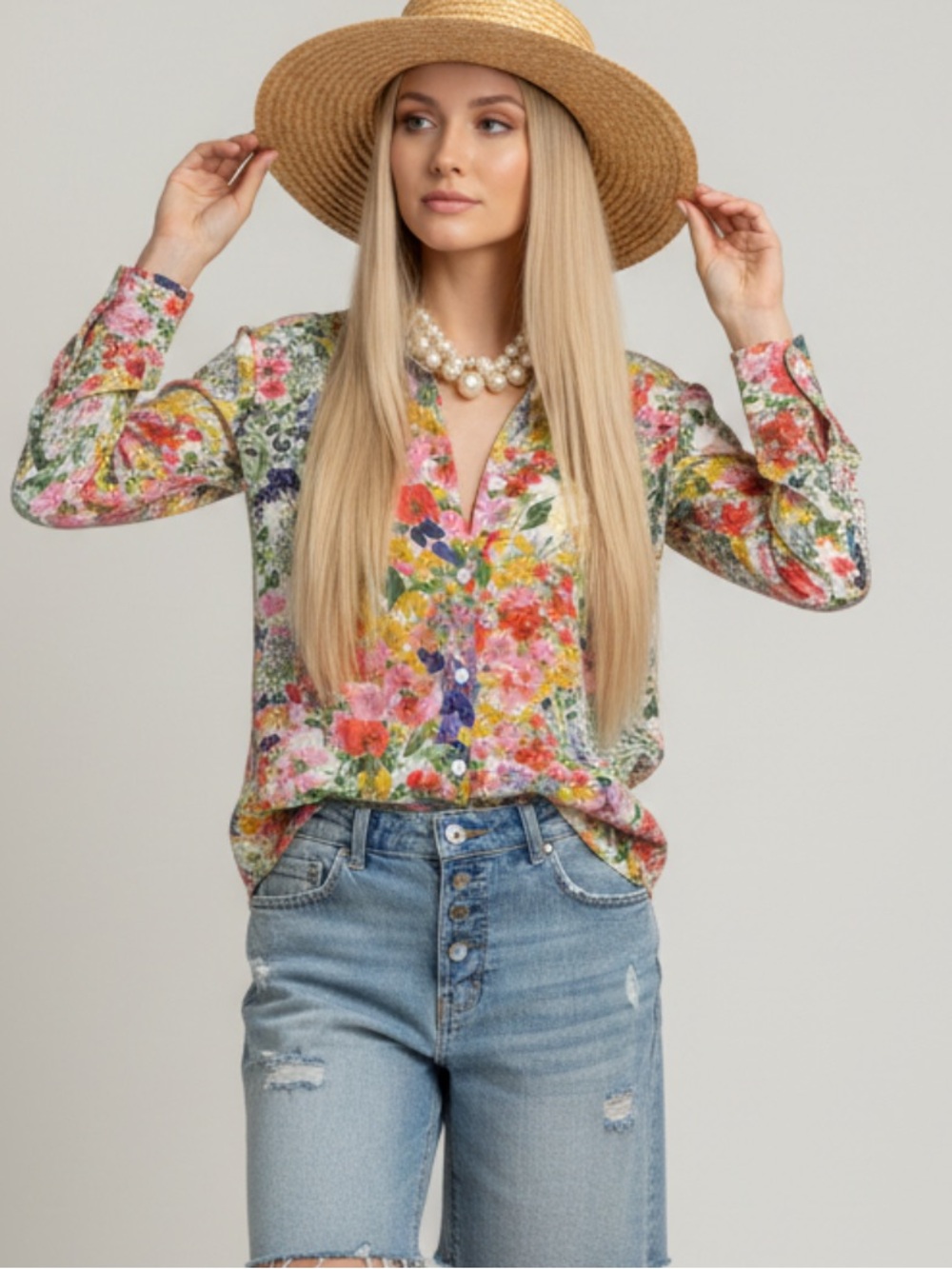 Norm Thompson Floral Button-Front Shirt - Pink, Yellow, Green Multi